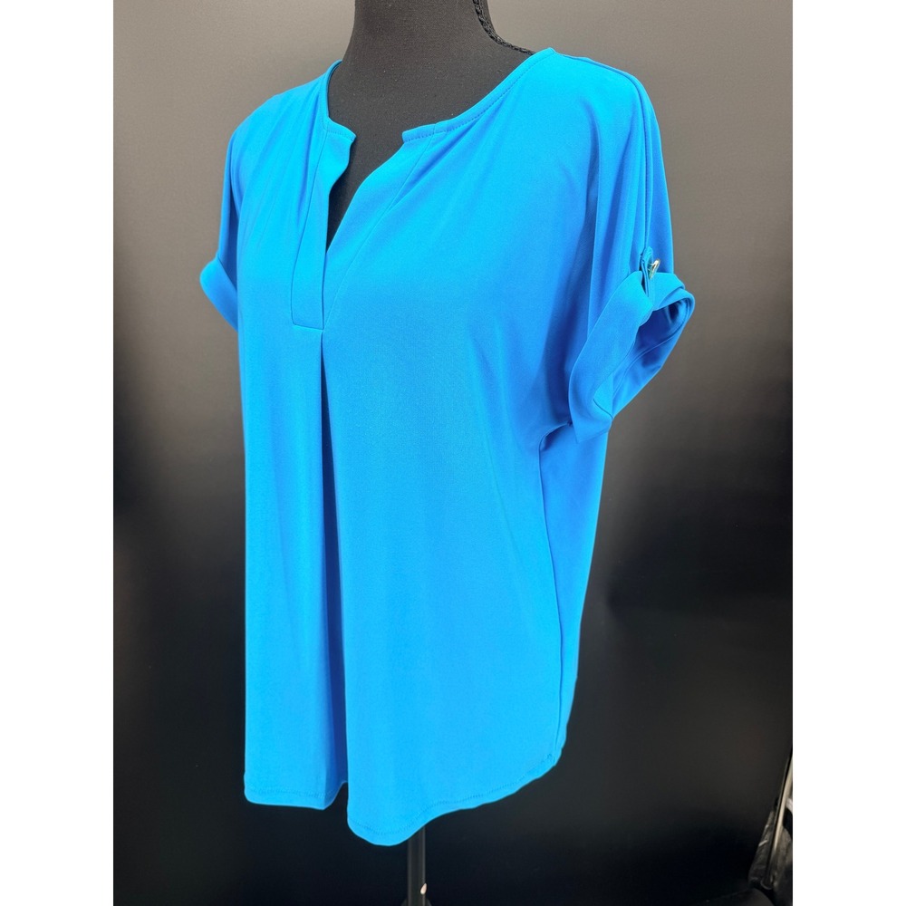 Anne Klein Blouse Womens M Blue Excellent Split Neck Gold Button Cuffed Sleeve